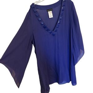 Carmen Marc Valvo 100% Silk Women’s Sheer Embellished V-Neck Tunic Top Size XS/S